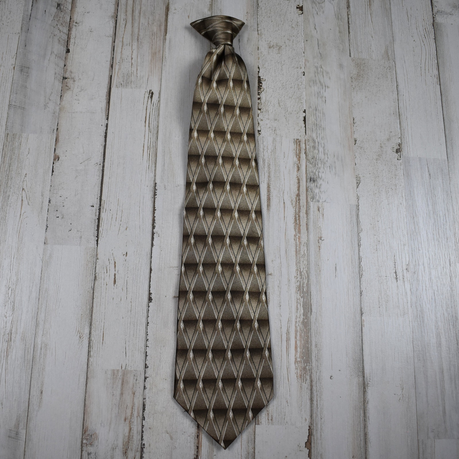 Men's Clip On Neck Tie Dark Beige Diamond Pattern Men's 19" Business 90's Style
